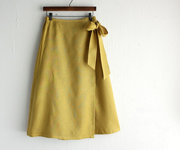リネン ゆったりサイズ リボンラップスカート （マスタード＊ブラウン） 7枚目の画像