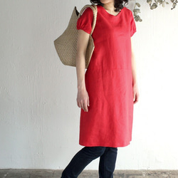 亞麻泡泡袖緞帶連衣裙（紅色） 第2張的照片