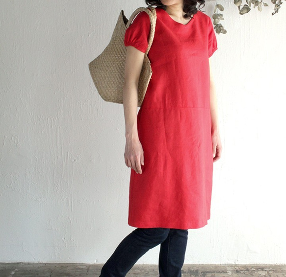 亞麻泡泡袖緞帶連衣裙（紅色） 第2張的照片