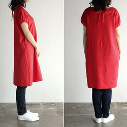 亞麻泡泡袖緞帶連衣裙（紅色） 第3張的照片