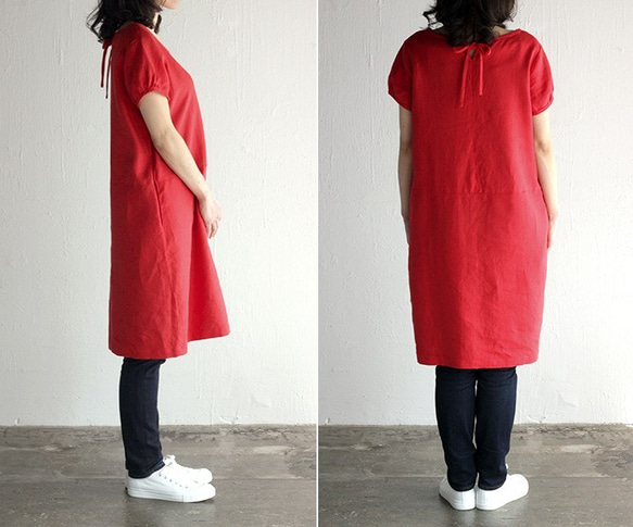 亞麻泡泡袖緞帶連衣裙（紅色） 第3張的照片