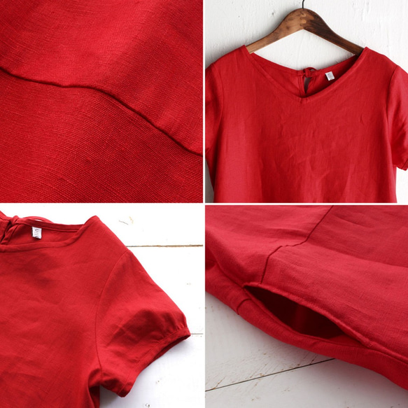 亞麻泡泡袖緞帶連衣裙（紅色） 第5張的照片