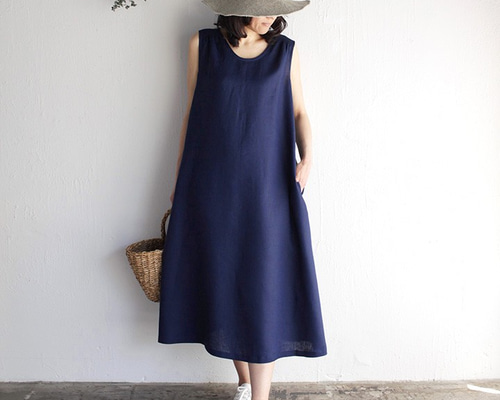 美品 ビアズリー リネンコットン レースアップノースリーブワンピース ネイビーF 美品 ビアズリー リネンコットン レースアップノースリーブ