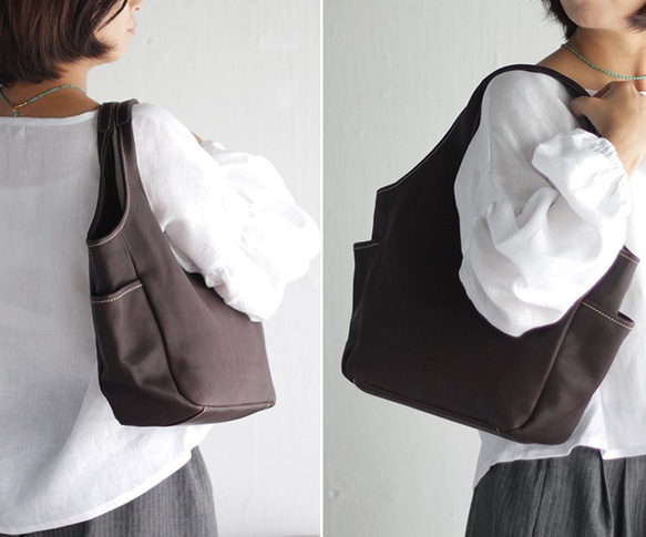 正品牛皮側袋 Simple tote bag Petit Nim（深棕色） 第9張的照片