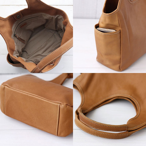 牛革キャメル、デニムポケットのトートバッグ