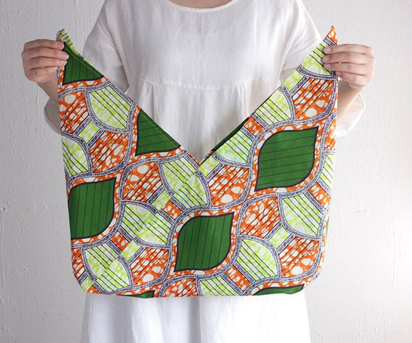 非洲蠟染Azuma袋M 50厘米環保袋袋裝在購物籃袋中（葉/綠色） 第2張的照片
