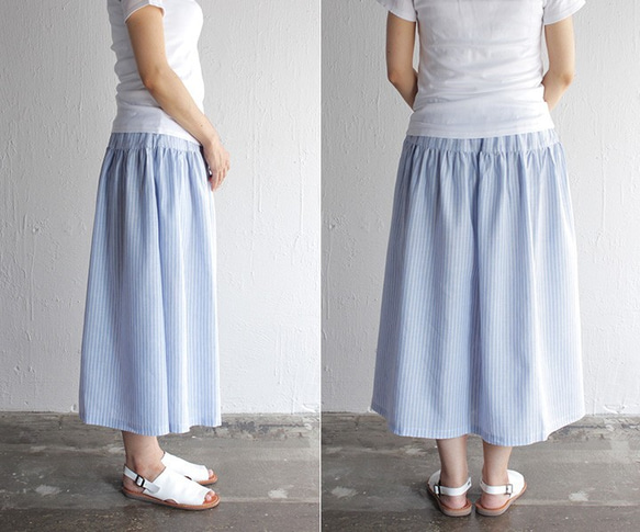 ●條紋亞麻褶襉長裙（淺藍色） 第3張的照片
