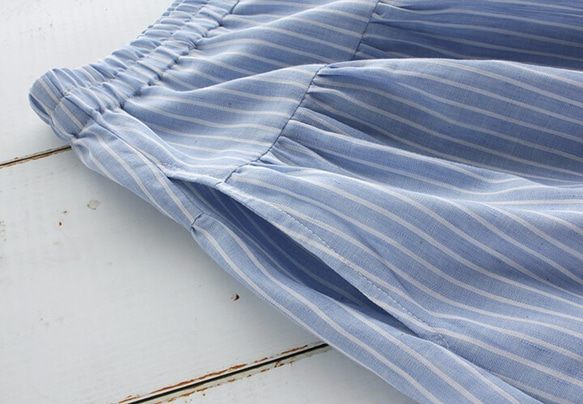 ●條紋亞麻褶襉長裙（淺藍色） 第4張的照片