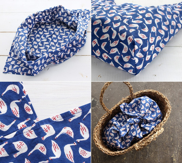 サブにもメインにも◎ alinのあづま袋（あずま袋/東袋）Mサイズ 木版染め ブロックプリント（スワン/ブルー）. 5枚目の画像