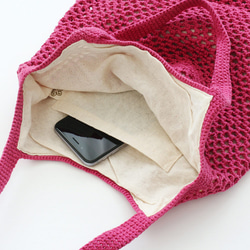 コットンニット かぎ針クロシェ編み ショルダーバッグ 安心の内布付き （ピンク/キナリ） 7枚目の画像