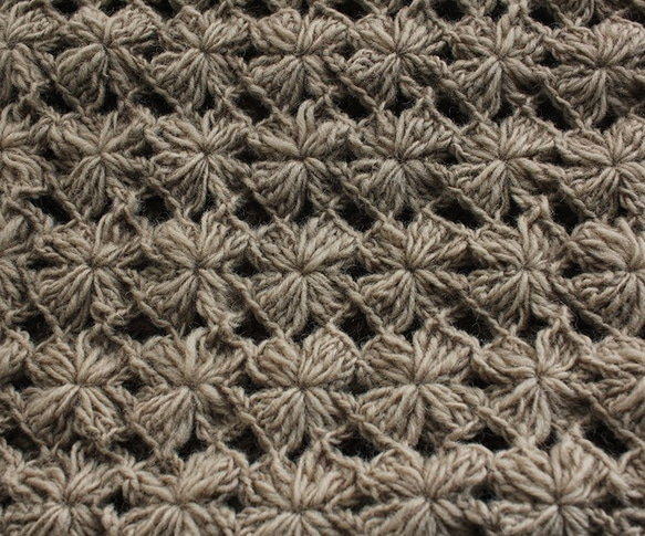 羊毛100％ ニットかぎ針編み花モチーフ 3WAYボタン ストール ｜マフラー｜ひざ掛け （グレージュ） 9枚目の画像