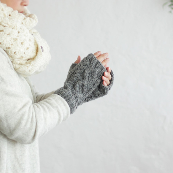 100％羊毛Alan圖案針織暖手半指手套（灰色） 第2張的照片