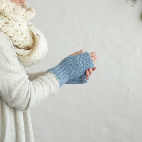 100％羊毛羅紋針織暖手半指手套（冰藍色/灰白色） 第2張的照片