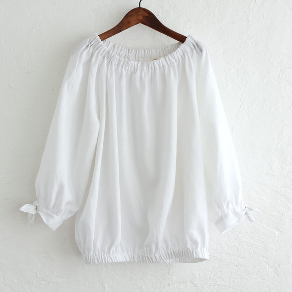 “限量1”亞麻袖絲帶繭套衫（白色） 第10張的照片