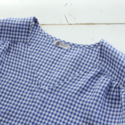 亞麻格子格紋褶皺袖上衣（藍色） 第8張的照片