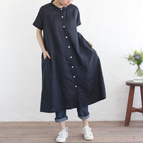 リネン 2way半袖シャツワンピース （ダークネイビー）OP04. ワンピース