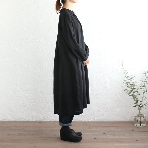 ●亞麻蓮花束腰連衣裙 (黑色) 第2張的照片