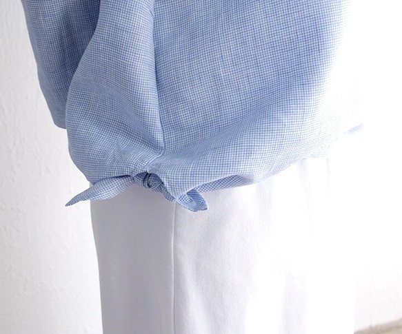 リネン サイドリボン 長袖プルオーバーブラウス （チェック/ブルー） 4枚目の画像