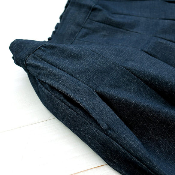 コットンデニム プリーツスカート ウエストすっきり ゆったりサイズ ミモレ丈 8枚目の画像