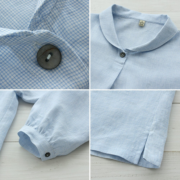 亞麻披肩領長袖套頭衫（格子/淺藍色） 第8張的照片