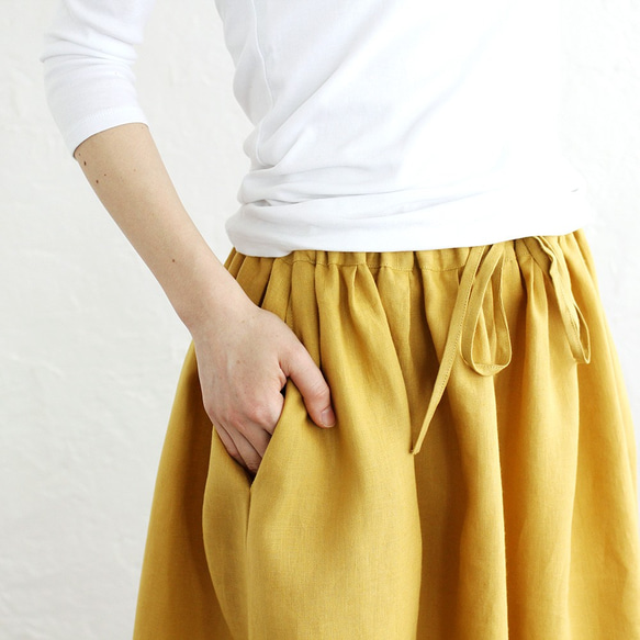 『リネン フレアギャザースカート』 マキシ丈 89cm 春夏 （ミモザイエロー） 5枚目の画像