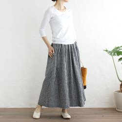 “限量1件”“亞麻褶skirt裙”長86cm（方格格子/黑色） 第2張的照片