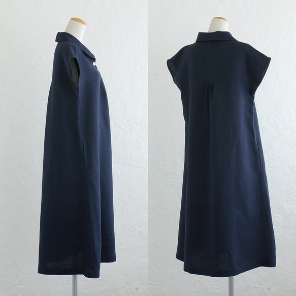亞麻披肩領連衣裙寬鬆A字（海軍藍）OP06。 第3張的照片