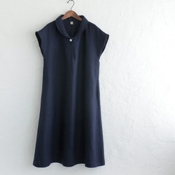 亞麻披肩領連衣裙寬鬆A字（海軍藍）OP06。 第4張的照片