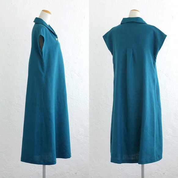 亞麻披肩領連衣裙寬鬆 A 字型免費送貨（深藍色/深綠松石色） 第4張的照片