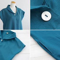 亞麻披肩領連衣裙寬鬆 A 字型免費送貨（深藍色/深綠松石色） 第7張的照片