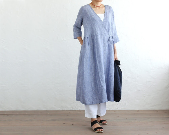 亞麻Kashcourt Haori連衣裙（藍色條紋02） 第3張的照片