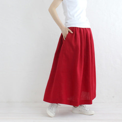 “亞麻褶skirt裙”乾淨長（暗紅色） 第1張的照片