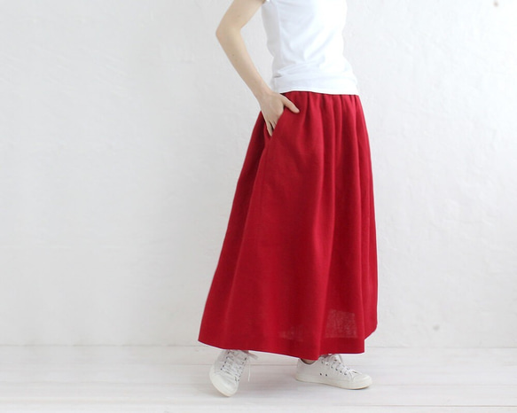 “亞麻褶skirt裙”乾淨長（暗紅色） 第1張的照片