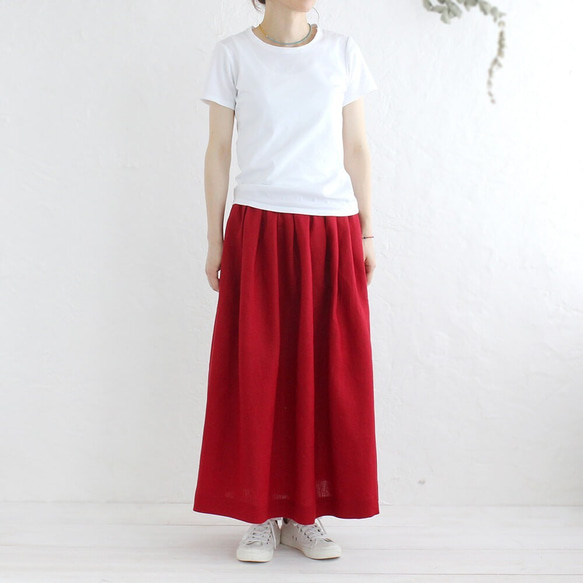 “亞麻褶skirt裙”乾淨長（暗紅色） 第2張的照片