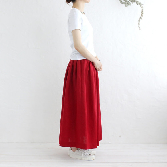 “亞麻褶skirt裙”乾淨長（暗紅色） 第3張的照片