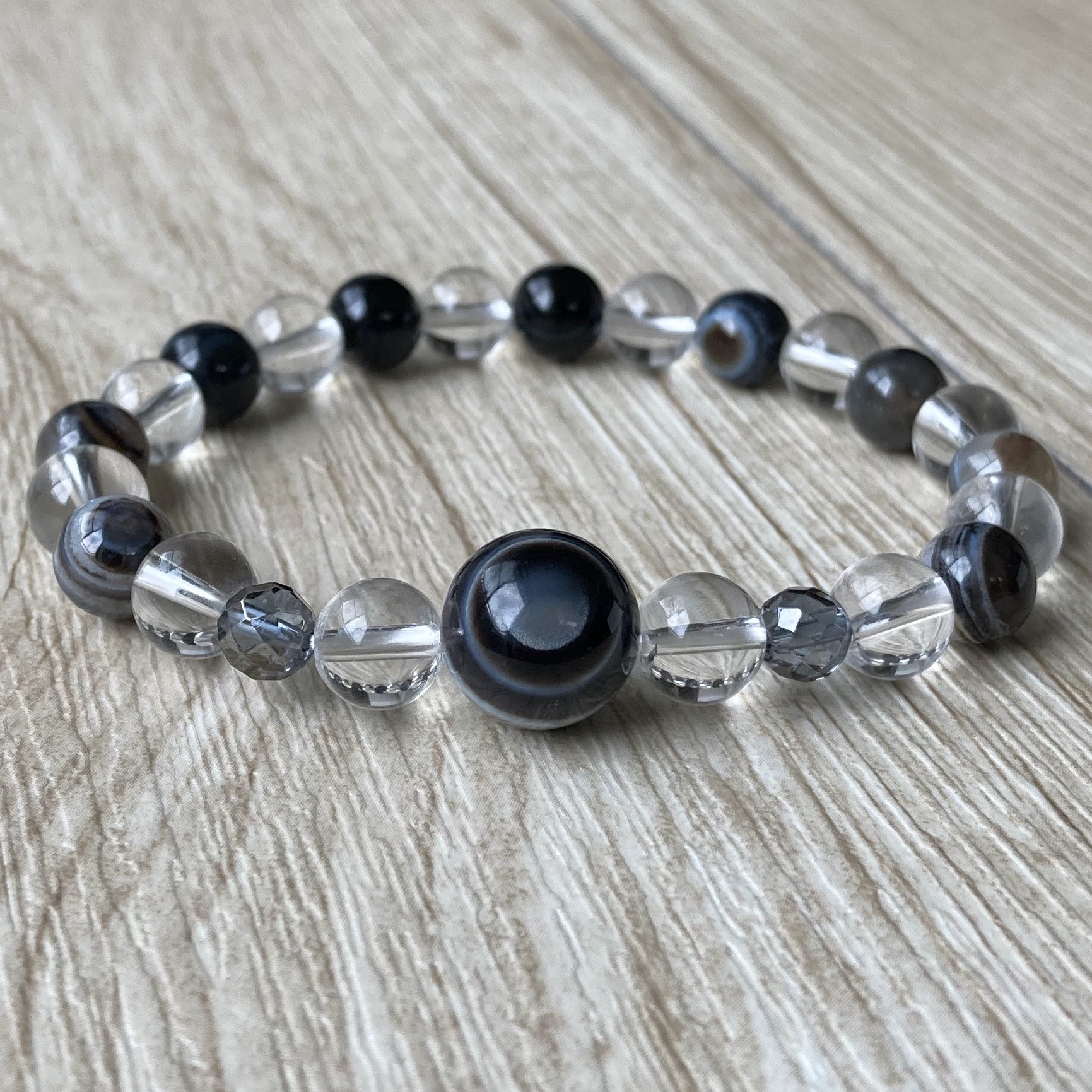 意志を明確に、前向きに歩みたい人に/天眼石・水晶・シルバーミッドナイトオーラ /天然石 ストーン ブレスレット