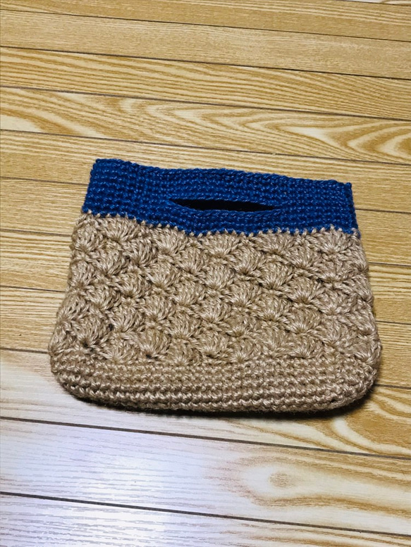 手編み 松編みブルーツートン ワンマイルバッグ 1枚目の画像