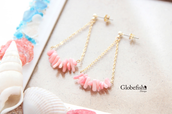 【Globefish】ピンク珊瑚のピアス（イヤリング） 1枚目の画像