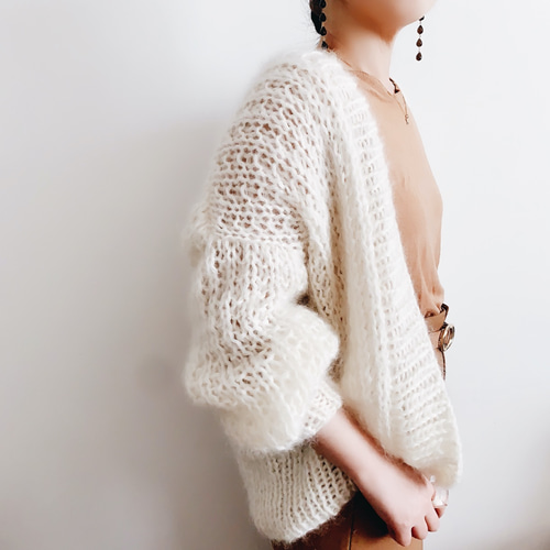 送料無料】Hand knitted[手編み]モヘアシルクリブカーディガン[Creema 