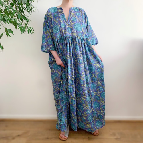 handmadeインド綿エスニックギャザーワンピースfree handmadeインド綿エスニックギャザーワンピースfree五分袖