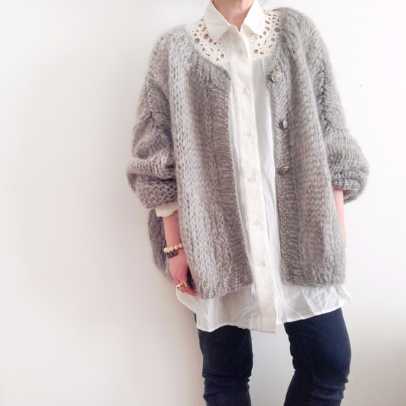 [SOLD OUT]Hand knitted[手編み]Mohair oversized 2waysカーディガン 1枚目の画像