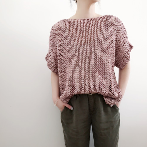 サマーヤーンの手編みセーター 送料無料☆Hand knitted[手編み]コットンテープヤーンのOld rose