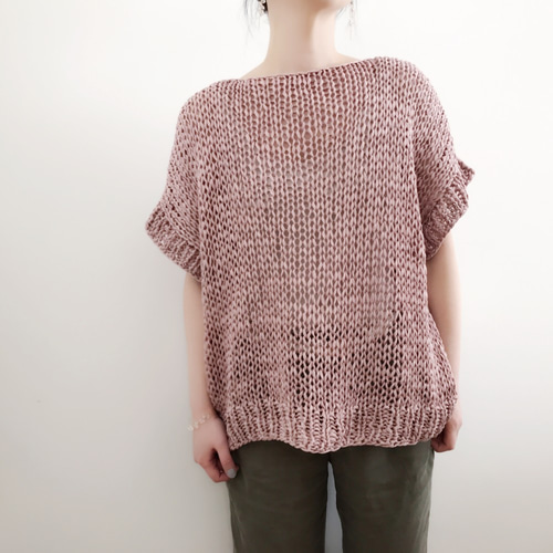 サマーヤーンの手編みセーター 送料無料☆Hand knitted[手編み]コットンテープヤーンのOld rose