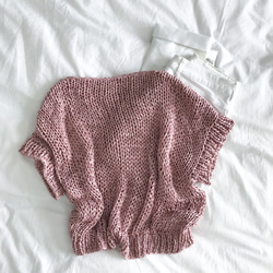 送料無料☆Hand knitted[手編み]コットンテープヤーンのOld roseサマーセーター 5枚目の画像