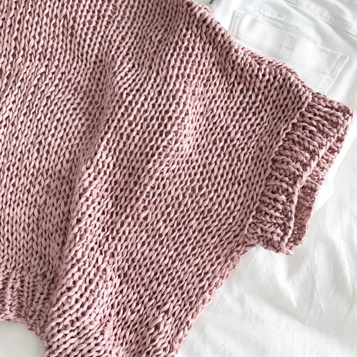 サマーヤーンの手編みセーター 送料無料☆Hand knitted[手編み]コットンテープヤーンのOld rose