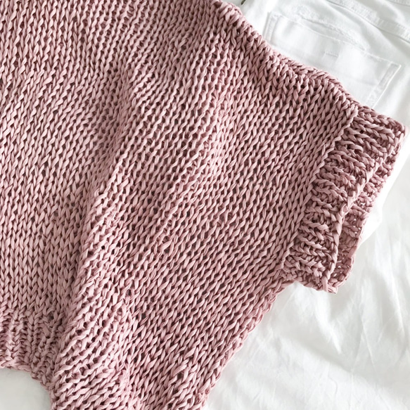送料無料☆Hand knitted[手編み]コットンテープヤーンのOld roseサマーセーター 6枚目の画像
