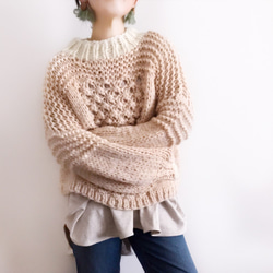 送料無料*Hand knitted[手編み]ざっくりChankyセーター[BeigexWhite] 2枚目の画像