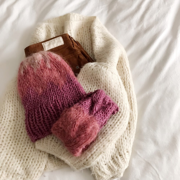 ウール&モヘアのVieux rose hand knit[手編み]ニット帽 5枚目の画像