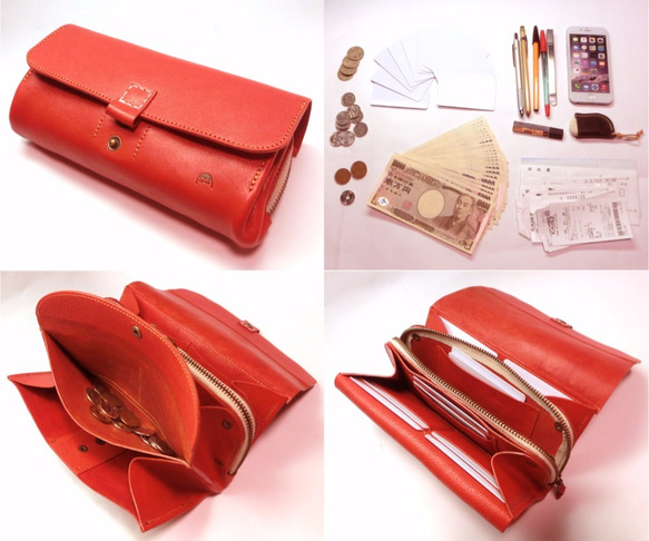 コスメ、文房具も入る大容量コインケースの長財布（赤色）（コインケース外せます） 4枚目の画像