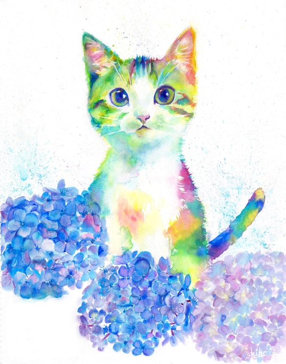 「花とネコ　紫陽花」　複製画 5枚目の画像